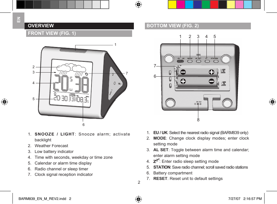 Oregon Scientific Radio Controlled Weather Clock BARM839 User Manual | Page 2 / 8