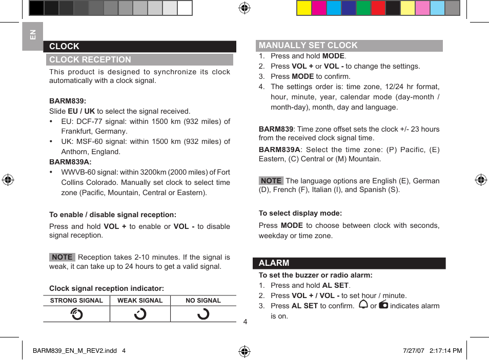Oregon Scientific Radio Controlled Weather Clock BARM839 User Manual | Page 4 / 8
