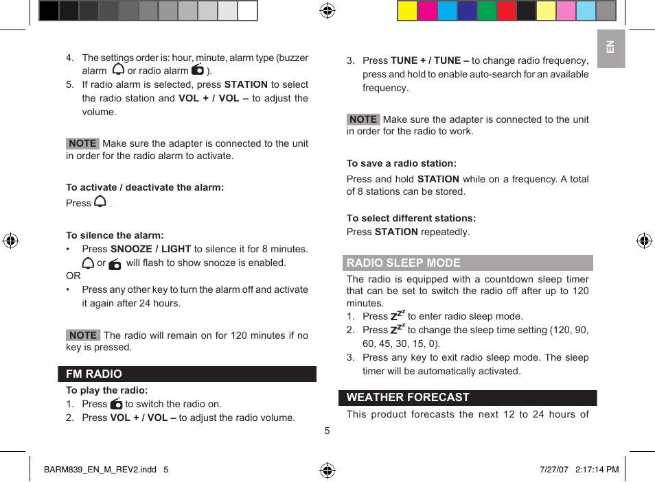 Oregon Scientific Radio Controlled Weather Clock BARM839 User Manual | Page 5 / 8