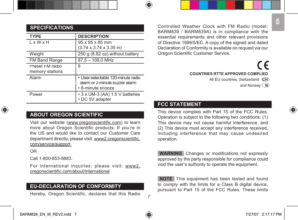 Oregon Scientific Radio Controlled Weather Clock BARM839 User Manual | Page 7 / 8