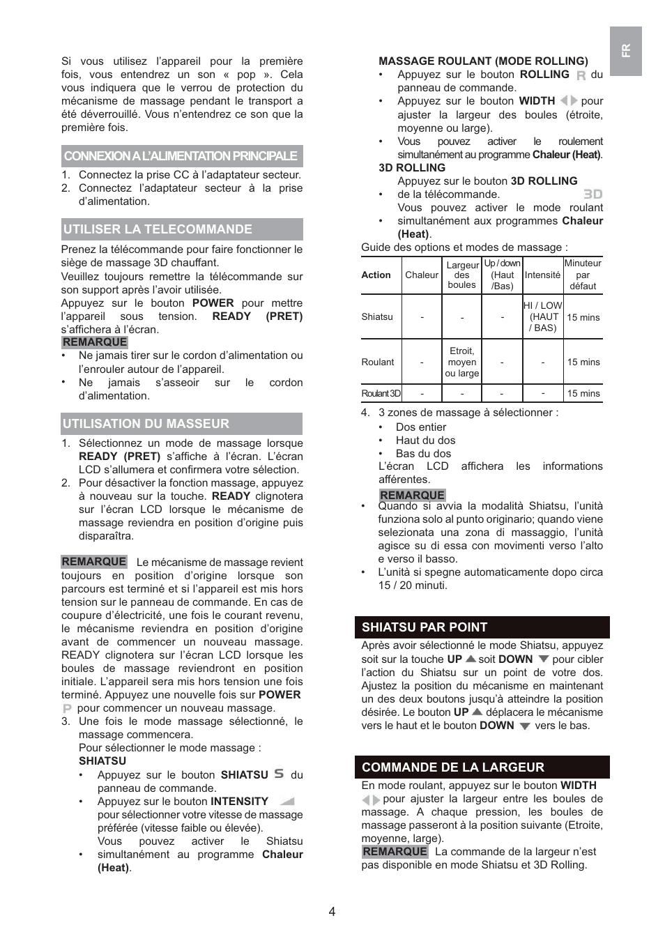 Utiliser la telecommande, Commande de la largeur, Shiatsu par point | Oregon Scientific 3D WS912 User Manual | Page 22 / 76