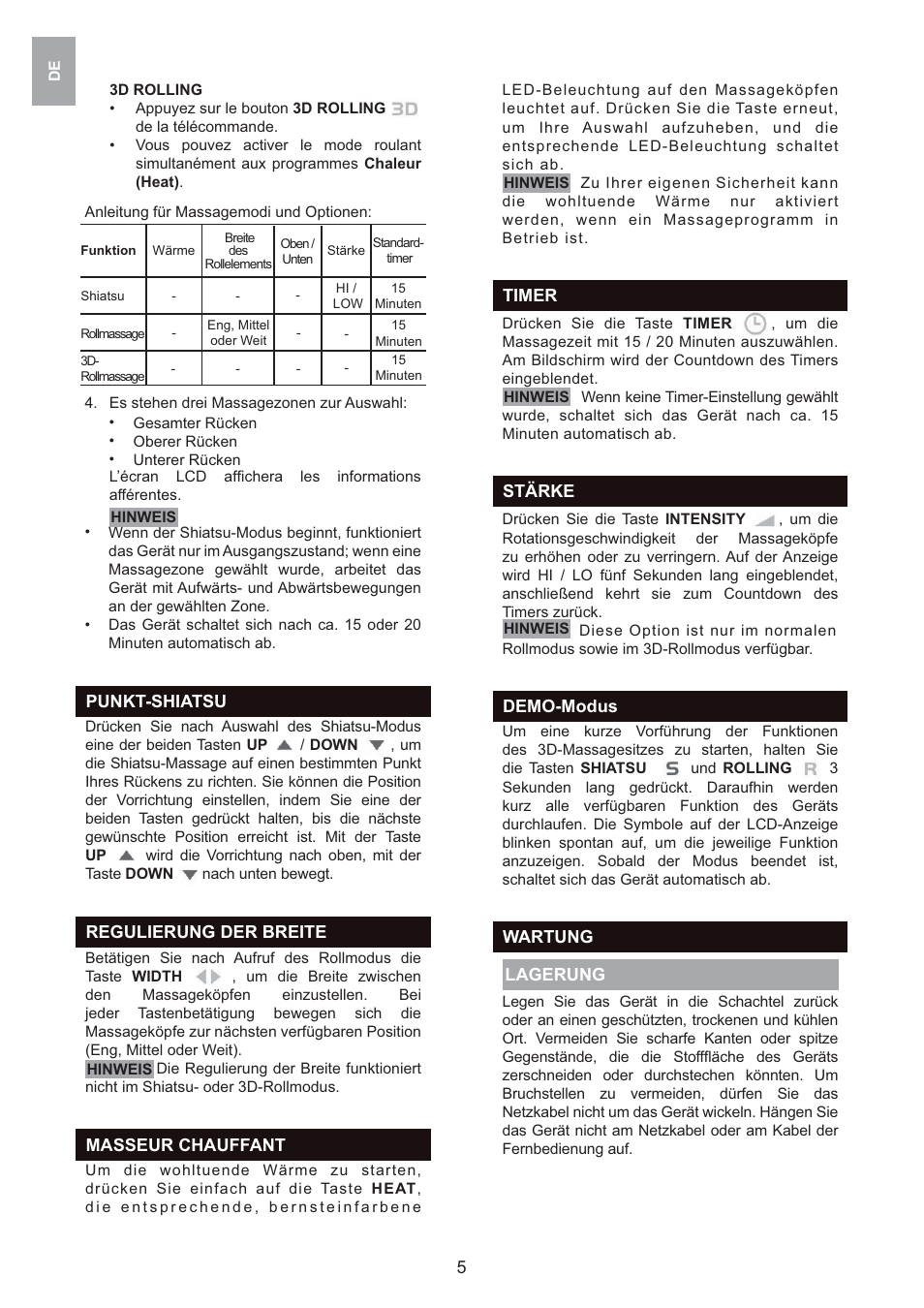 Lagerung wartung, Timer demo-modus, Stärke | Masseur chauffant, Regulierung der breite, Punkt-shiatsu | Oregon Scientific 3D WS912 User Manual | Page 31 / 76