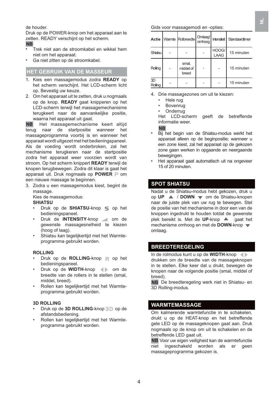 Het gebruik van de masseur, Spot shiatsu, Warmtemassage | Breedteregeling | Oregon Scientific 3D WS912 User Manual | Page 54 / 76