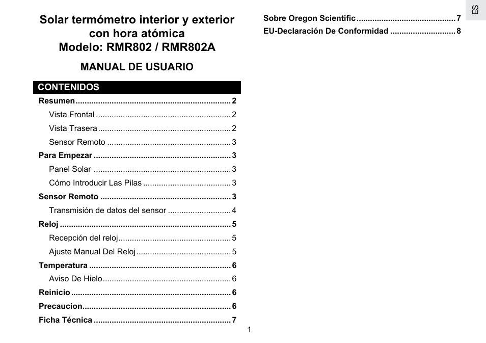 Manual de usuario | Oregon Scientific RMR802 User Manual | Page 10 / 62