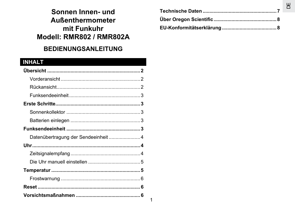 Bedienungsanleitung | Oregon Scientific RMR802 User Manual | Page 18 / 62