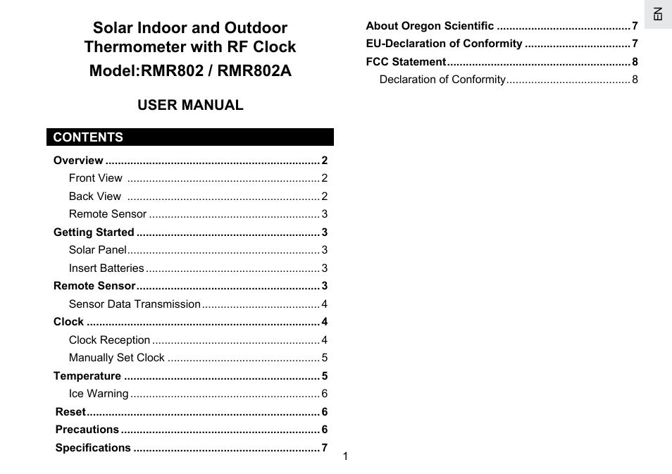 Oregon Scientific RMR802 User Manual | Page 2 / 62