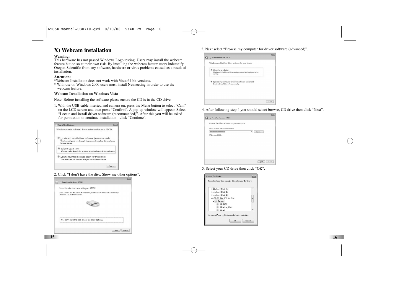 X) webcam installation | Oregon Scientific Action Cam ATC5K User Manual | Page 10 / 16