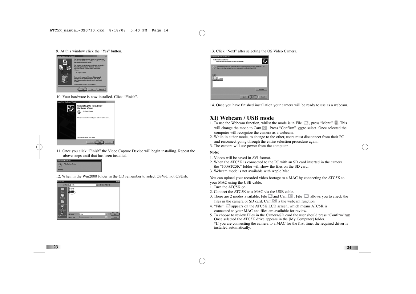 Xi) webcam / usb mode | Oregon Scientific Action Cam ATC5K User Manual | Page 14 / 16