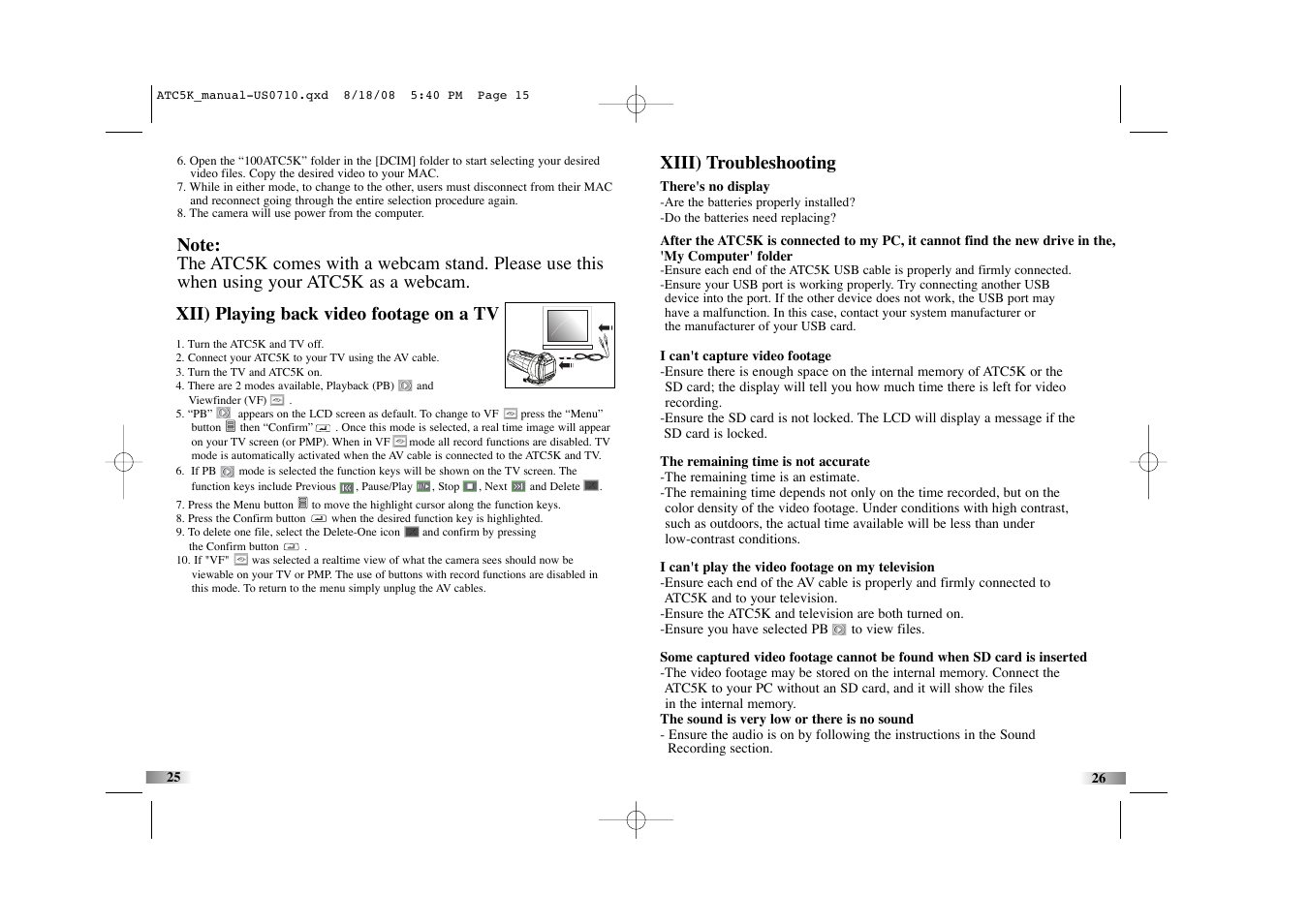 Xii) playing back video footage on a tv, Xiii) troubleshooting | Oregon Scientific Action Cam ATC5K User Manual | Page 15 / 16