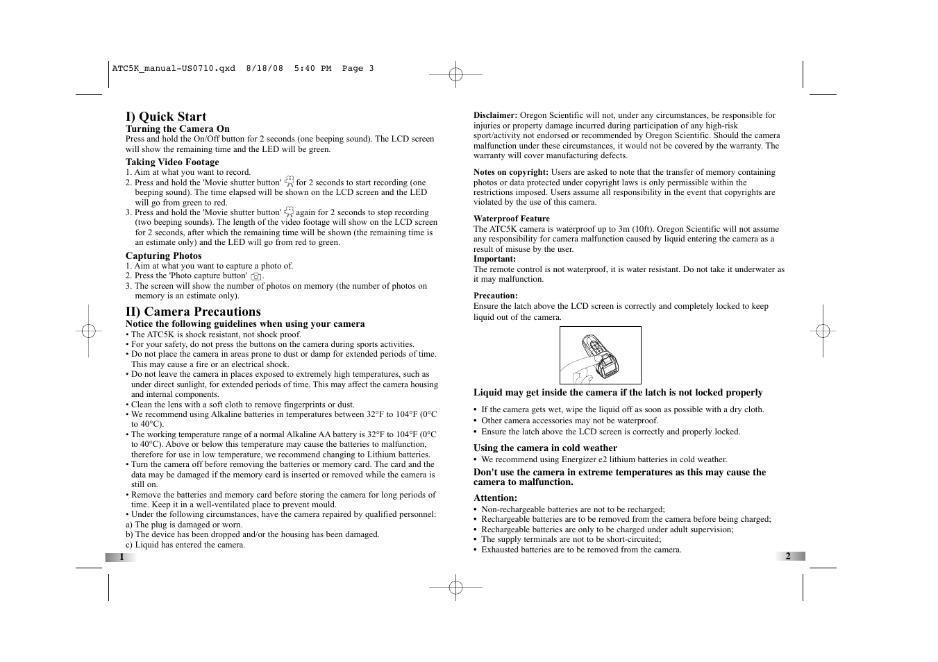 I) quick start, Ii) camera precautions | Oregon Scientific Action Cam ATC5K User Manual | Page 3 / 16