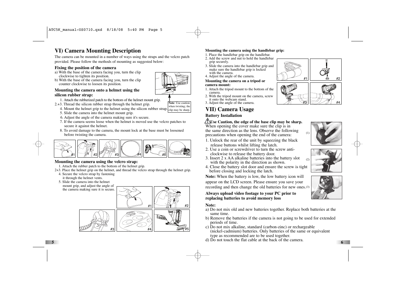 Vi) camera mounting description, Vii) camera usage | Oregon Scientific Action Cam ATC5K User Manual | Page 5 / 16