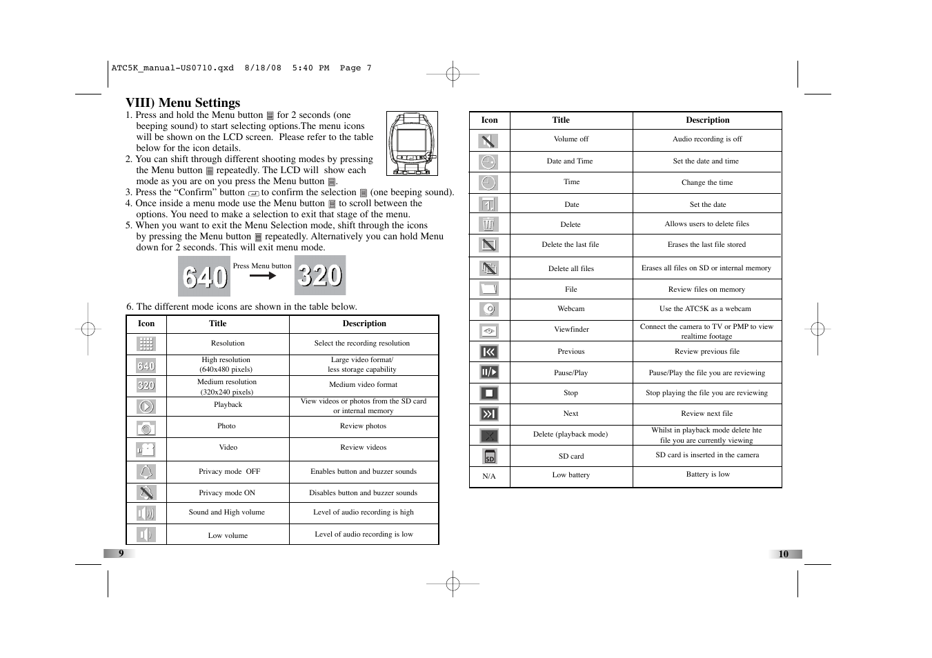 Viii) menu settings | Oregon Scientific Action Cam ATC5K User Manual | Page 7 / 16