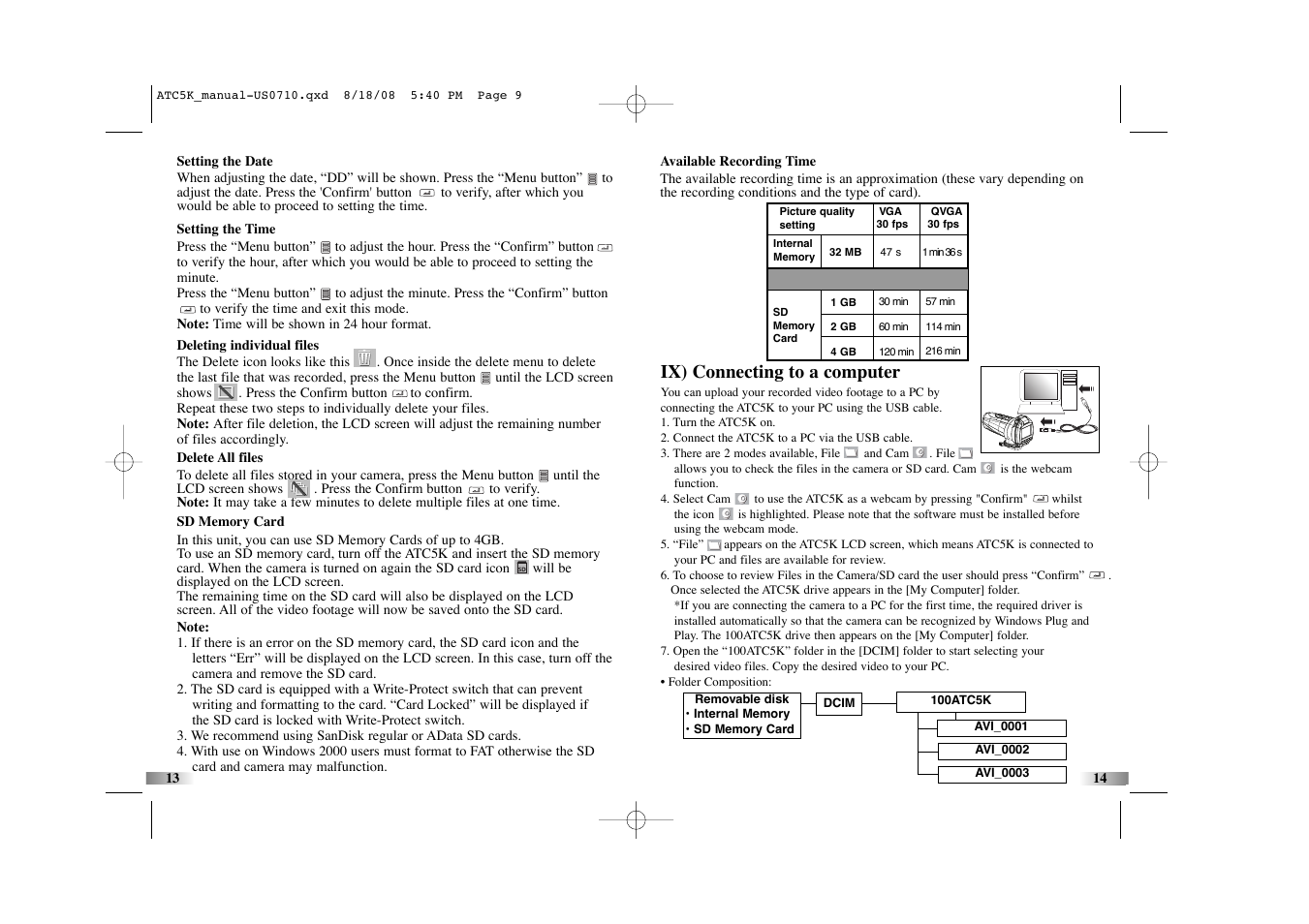 Ix) connecting to a computer | Oregon Scientific Action Cam ATC5K User Manual | Page 9 / 16