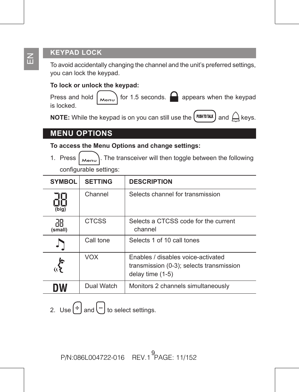 Menu options | Oregon Scientific Pair of PMR446 Two-Way Personal Radios TP391 User Manual | Page 11 / 18