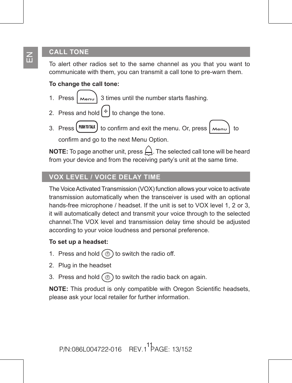 Oregon Scientific Pair of PMR446 Two-Way Personal Radios TP391 User Manual | Page 13 / 18