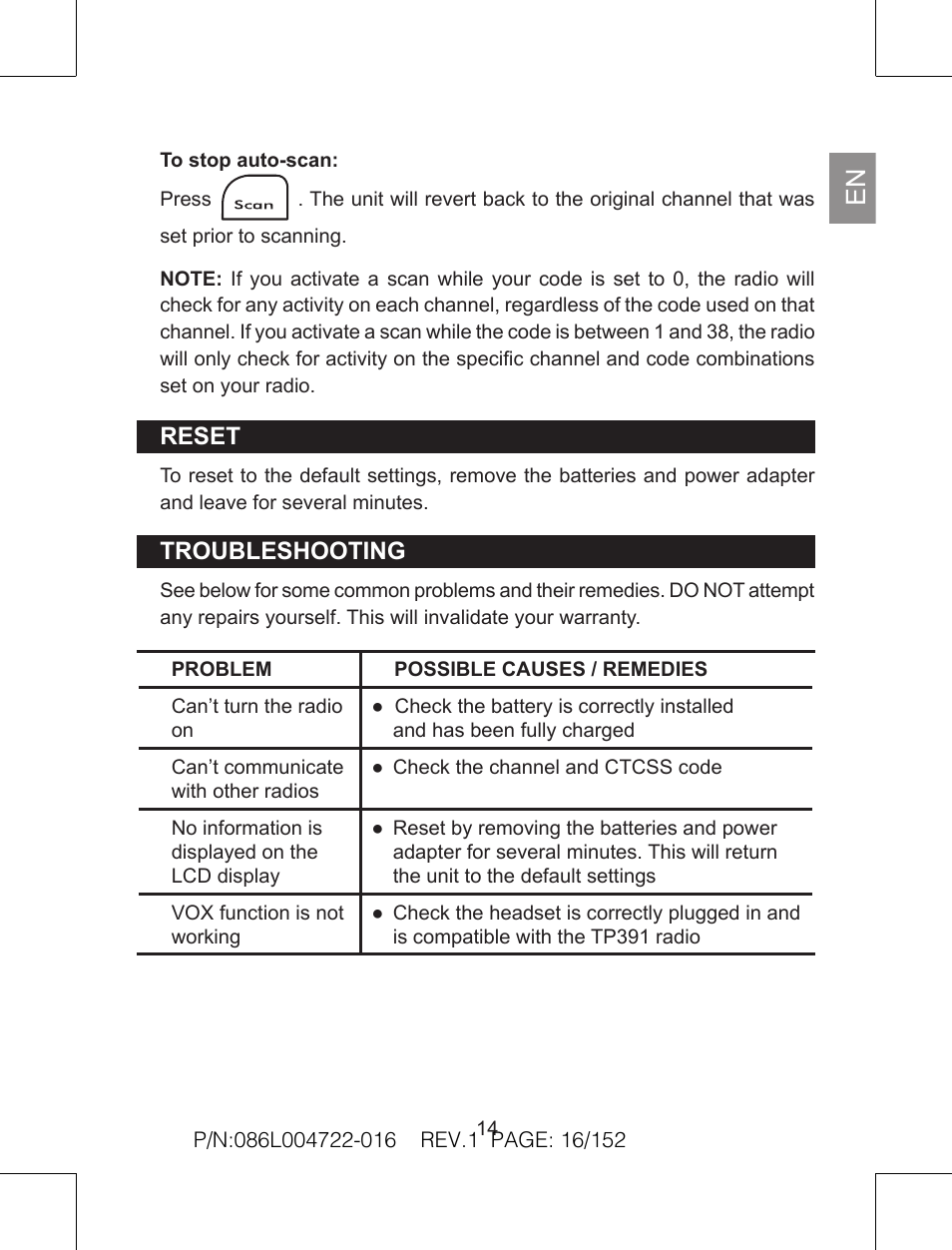 Reset, Troubleshooting | Oregon Scientific Pair of PMR446 Two-Way Personal Radios TP391 User Manual | Page 16 / 18