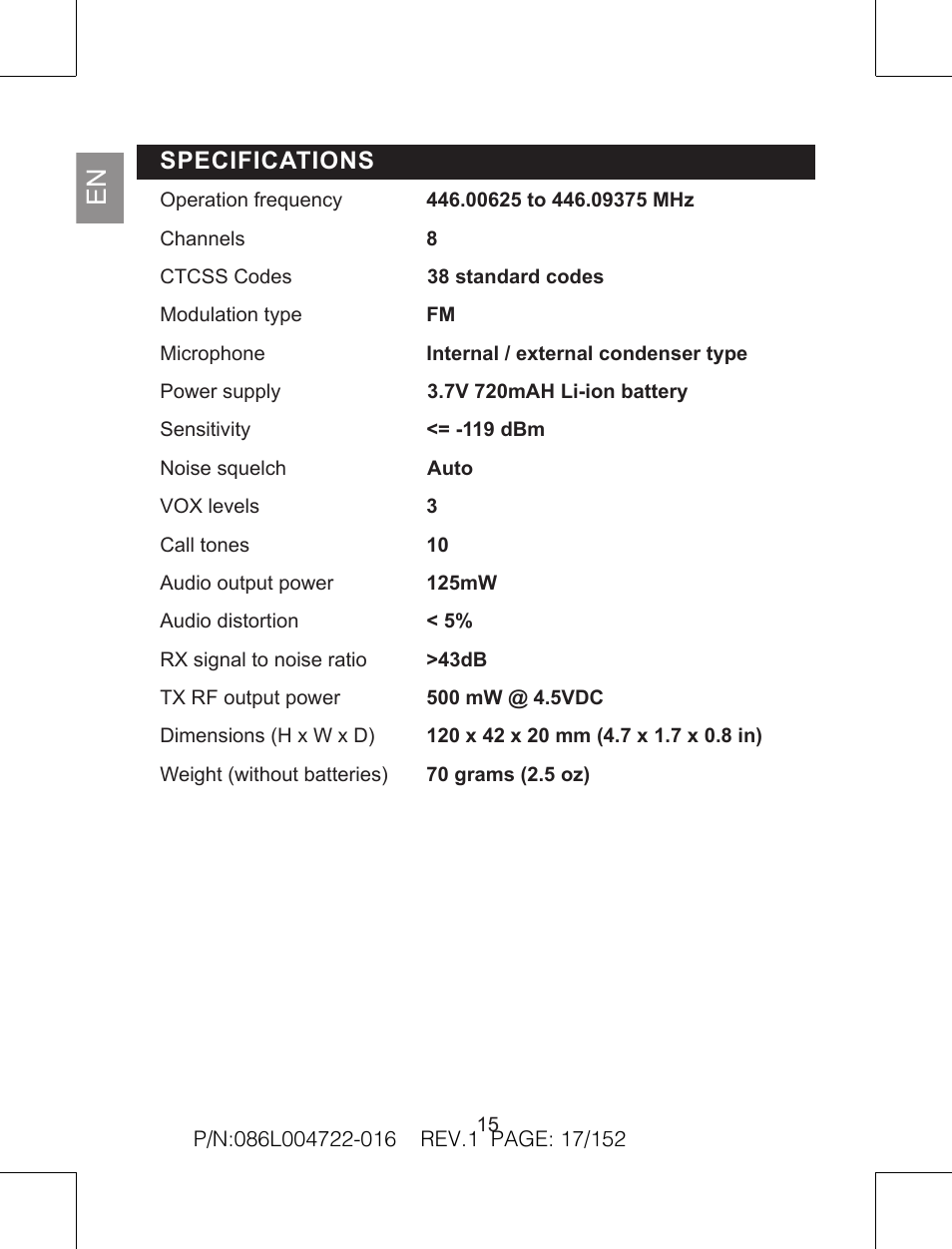 Specifications | Oregon Scientific Pair of PMR446 Two-Way Personal Radios TP391 User Manual | Page 17 / 18