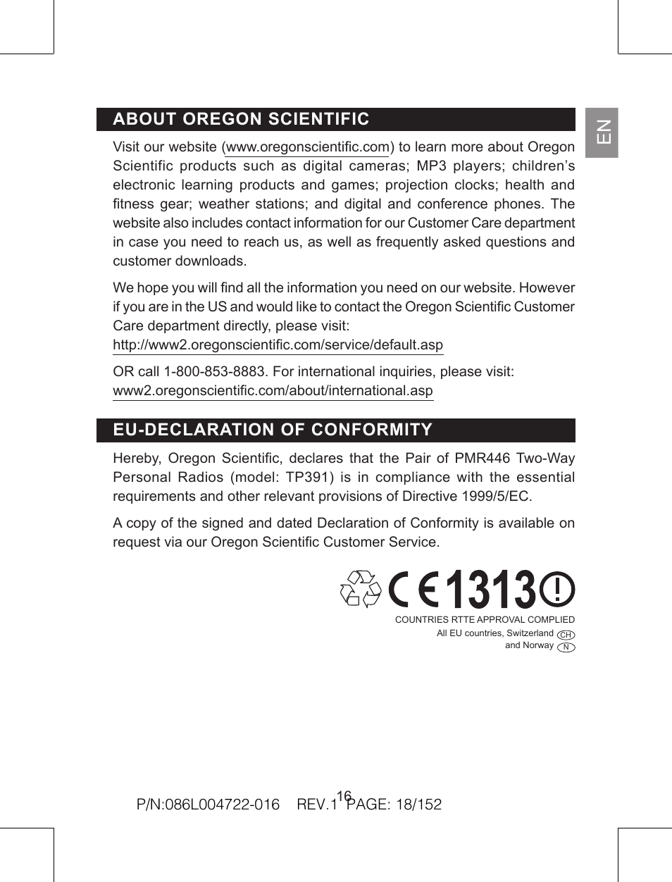 About oregon scientific, Eu-declaration of conformity | Oregon Scientific Pair of PMR446 Two-Way Personal Radios TP391 User Manual | Page 18 / 18