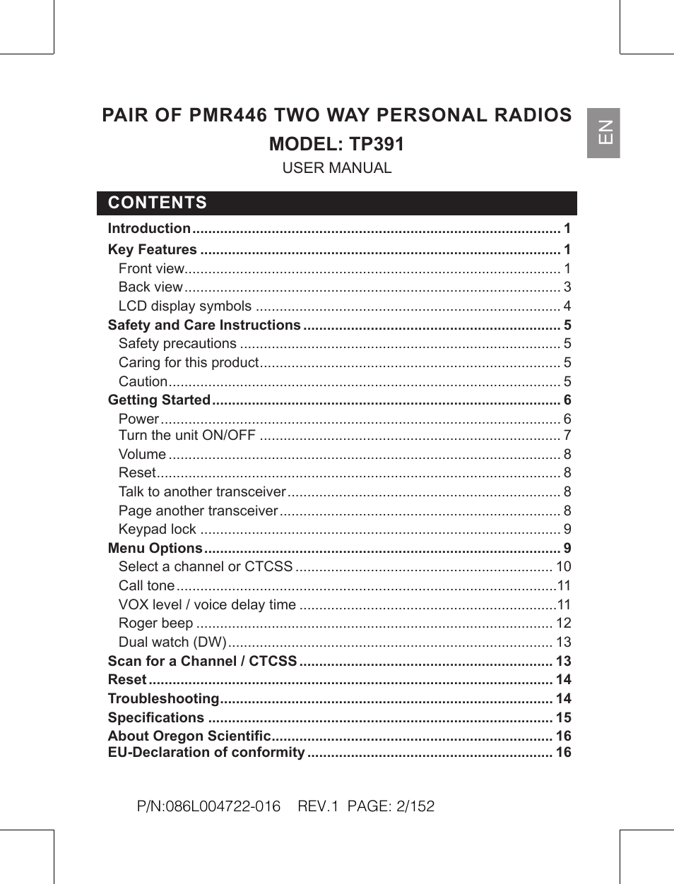 Oregon Scientific Pair of PMR446 Two-Way Personal Radios TP391 User Manual | Page 2 / 18