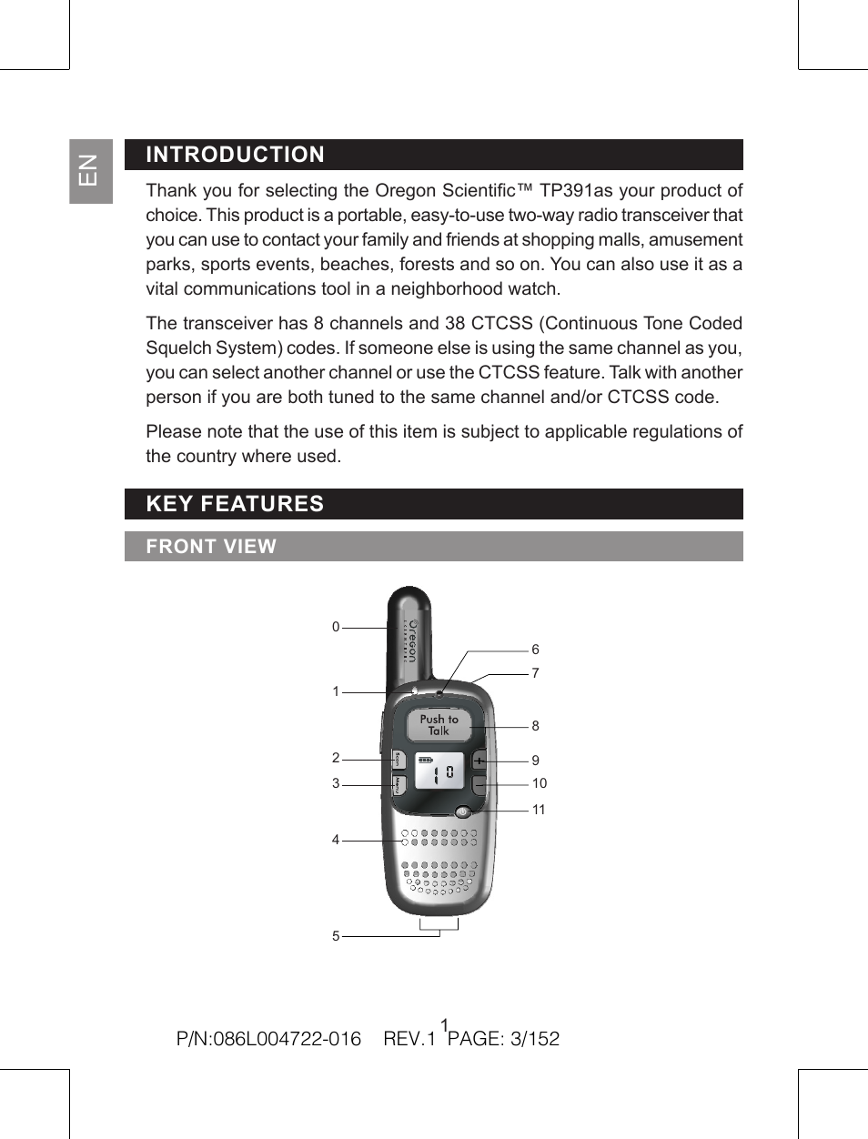 Introduction, Key features | Oregon Scientific Pair of PMR446 Two-Way Personal Radios TP391 User Manual | Page 3 / 18