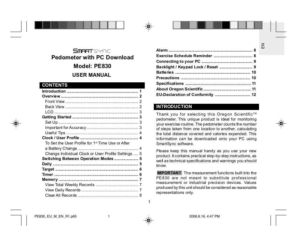 Pedometer with pc download model: pe830 | Oregon Scientific PE830 User Manual | Page 2 / 13