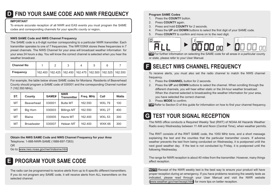 Fselect nws channel frequency, Gtest your signal reception | Oregon Scientific WR103NX User Manual | Page 2 / 2