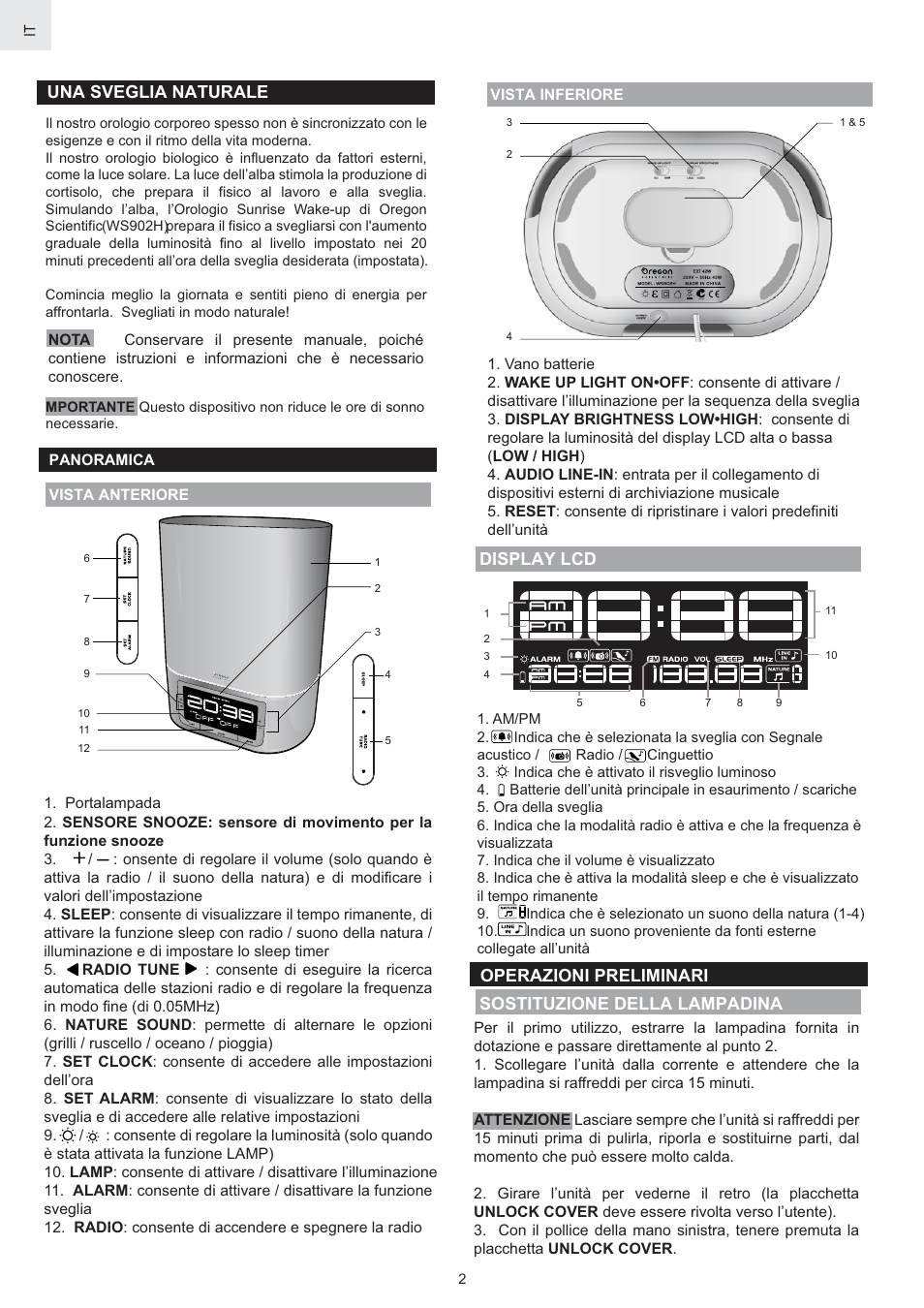 Una sveglia naturale, Sostituzione della lampadina display lcd, Operazioni preliminari | Oregon Scientific WS902H User Manual | Page 12 / 52