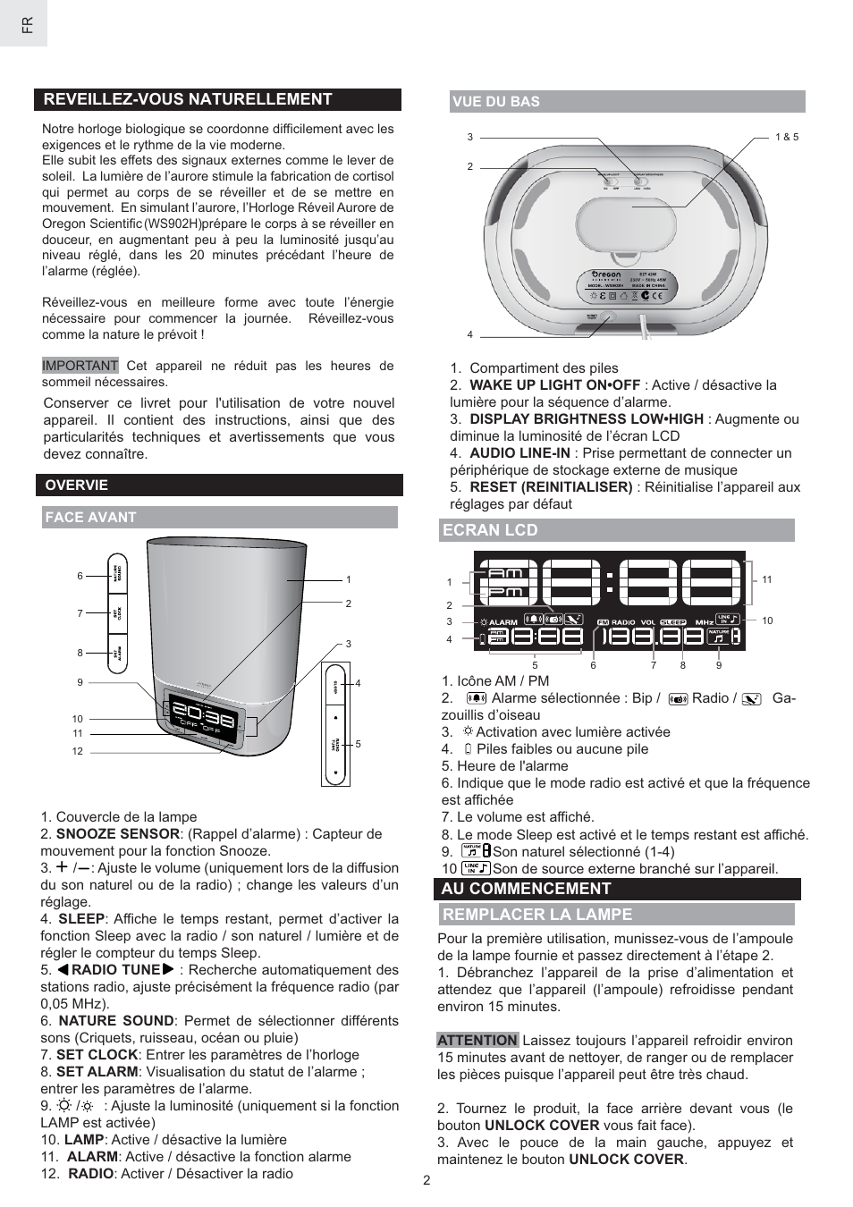 Reveillez-vous naturellement, Remplacer la lampe ecran lcd, Au commencement | Oregon Scientific WS902H User Manual | Page 18 / 52