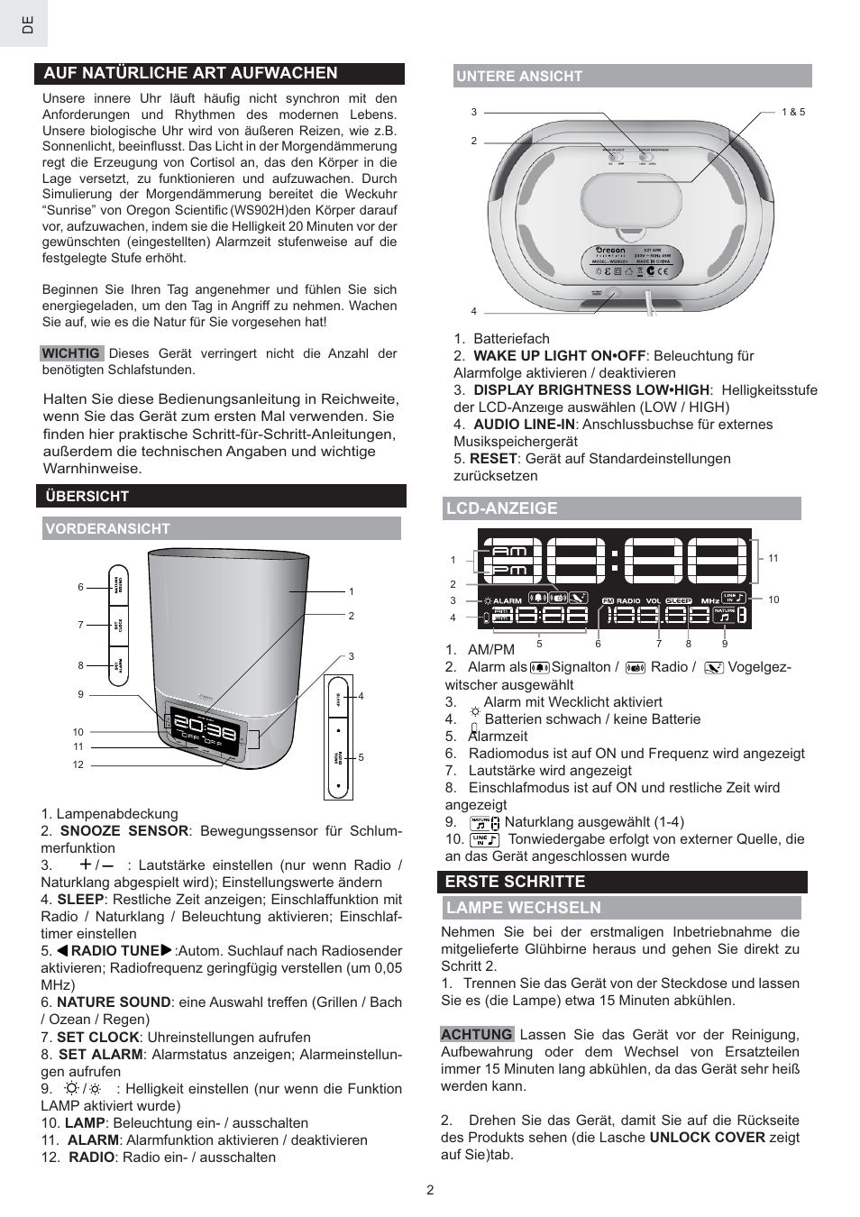 Auf natürliche art aufwachen, Lampe wechseln lcd-anzeige erste schritte | Oregon Scientific WS902H User Manual | Page 24 / 52