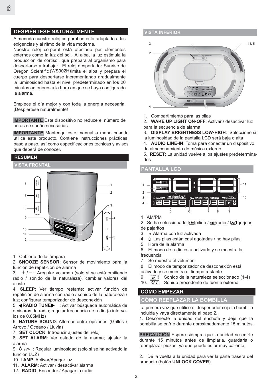 Despiértese naturalmente, Cómo reeplazar la bombilla pantalla lcd, Cómo empezar | Oregon Scientific WS902H User Manual | Page 30 / 52