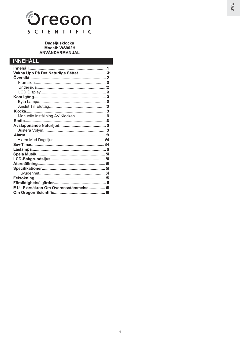 Innehåll | Oregon Scientific WS902H User Manual | Page 47 / 52