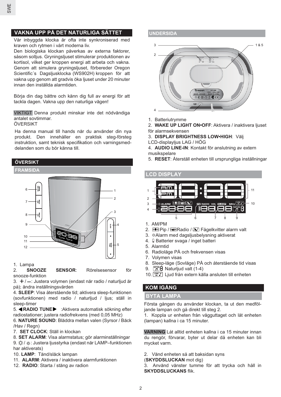 Vakna upp på det naturliga sättet, Byta lampa lcd display, Kom igång | Oregon Scientific WS902H User Manual | Page 48 / 52