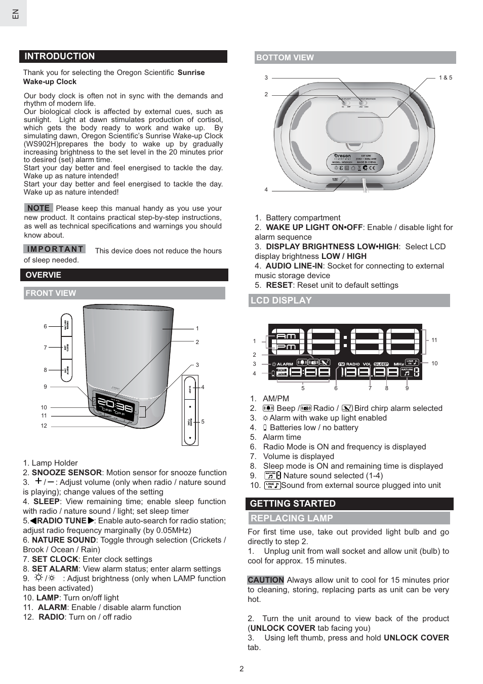 Introduction, Replacing lamp lcd display, Getting started | Oregon Scientific WS902H User Manual | Page 6 / 52