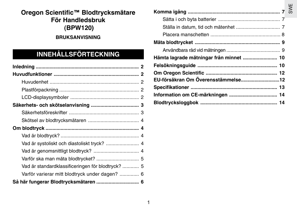 Innehållsförteckning, Introduction | Oregon Scientific BPW120 User Manual | Page 106 / 121