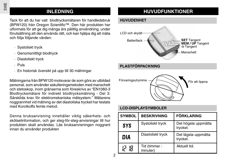 Inledning, Huvudfunktioner | Oregon Scientific BPW120 User Manual | Page 107 / 121