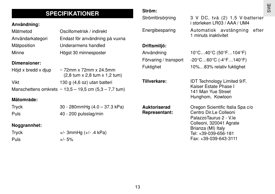 Specifikationer | Oregon Scientific BPW120 User Manual | Page 118 / 121