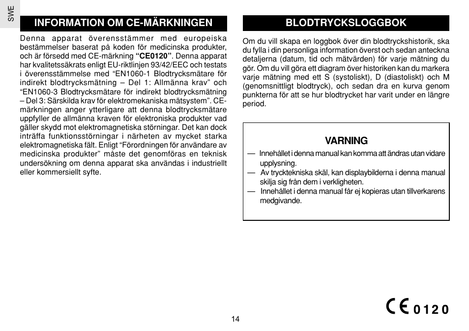 Information om ce-märkningen, Blodtrycksloggbok, Varning | Oregon Scientific BPW120 User Manual | Page 119 / 121