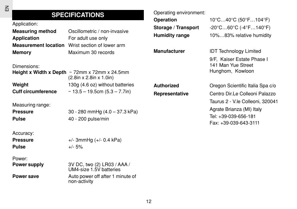 Specifications | Oregon Scientific BPW120 User Manual | Page 13 / 121