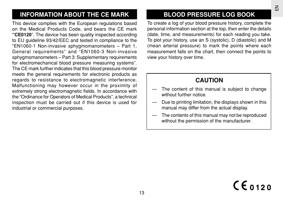 Information about the ce mark, Blood pressure log book, Caution | Oregon Scientific BPW120 User Manual | Page 14 / 121