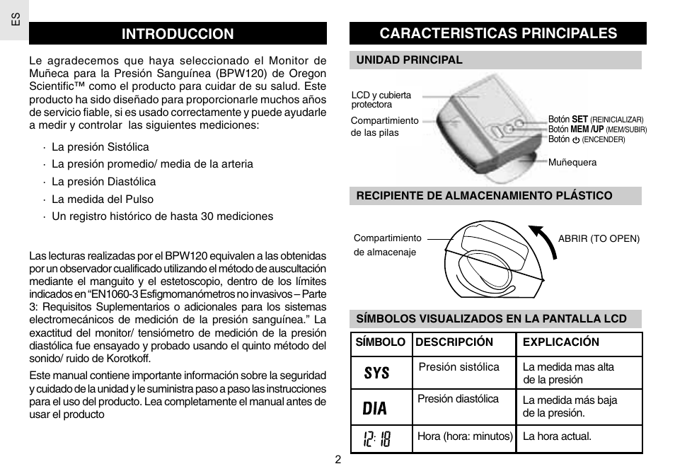 Introduccion, Caracteristicas principales | Oregon Scientific BPW120 User Manual | Page 17 / 121