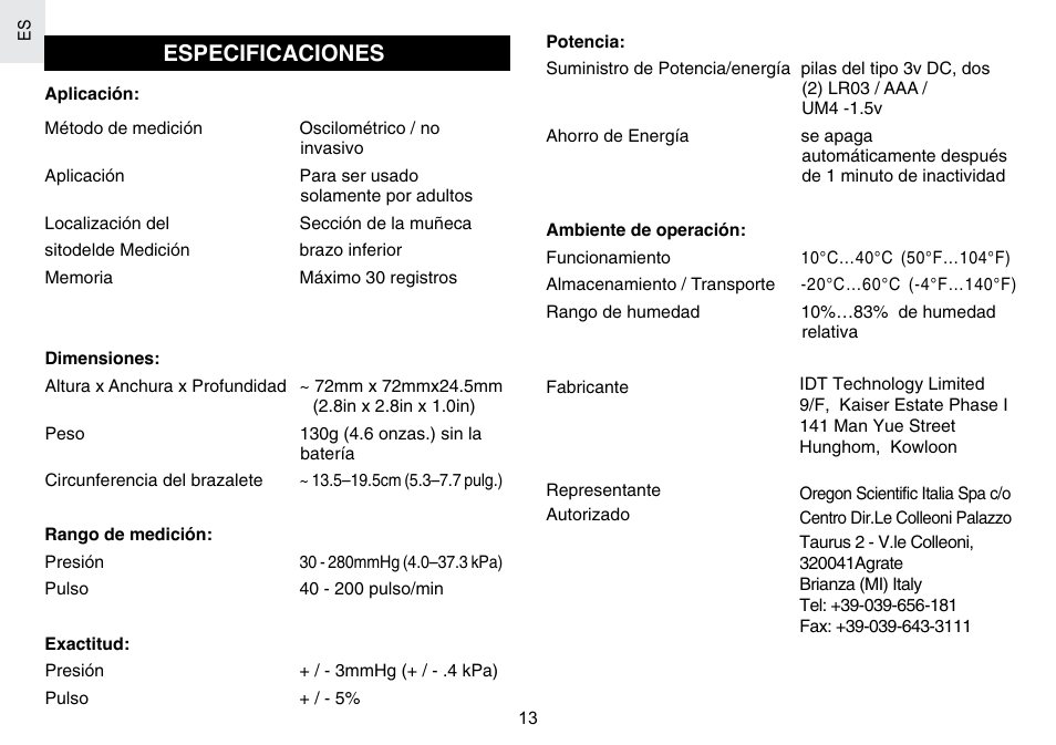 Especificaciones | Oregon Scientific BPW120 User Manual | Page 28 / 121