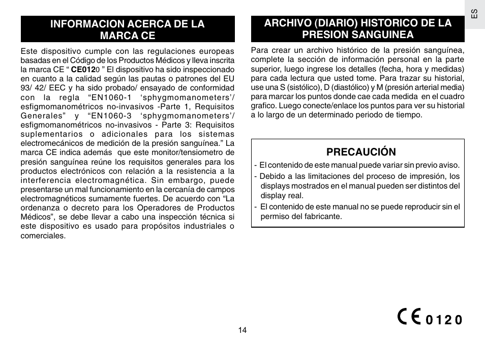 Archivo (diario) historico de la presion sanguinea, Informacion acerca de la marca ce, Precaución | Oregon Scientific BPW120 User Manual | Page 29 / 121