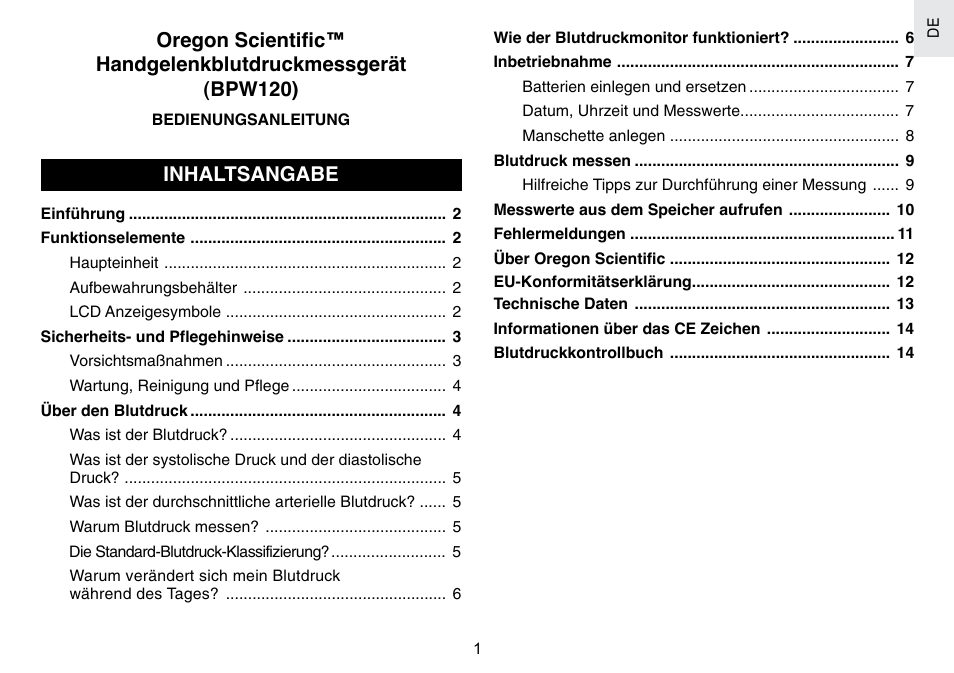 Inhaltsangabe | Oregon Scientific BPW120 User Manual | Page 31 / 121