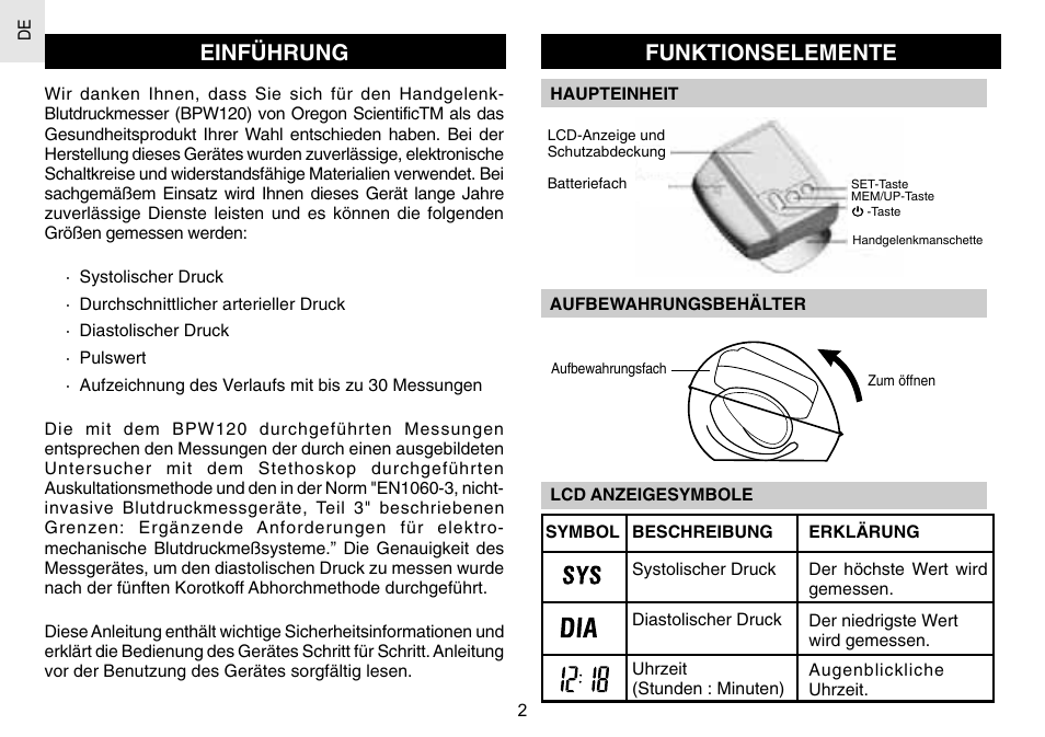 Einführung, Funktionselemente | Oregon Scientific BPW120 User Manual | Page 32 / 121