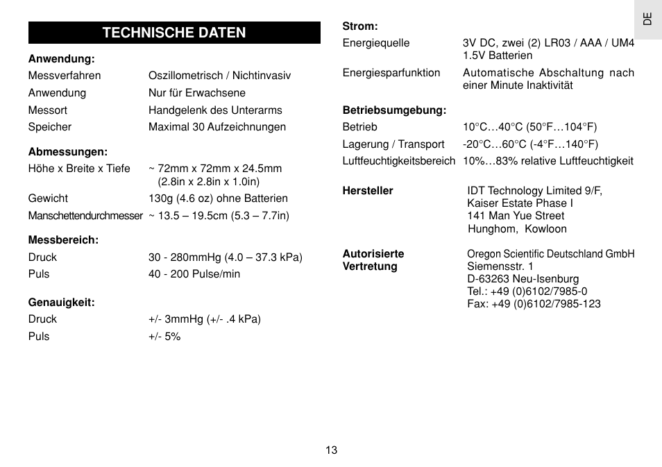 Technische daten | Oregon Scientific BPW120 User Manual | Page 43 / 121