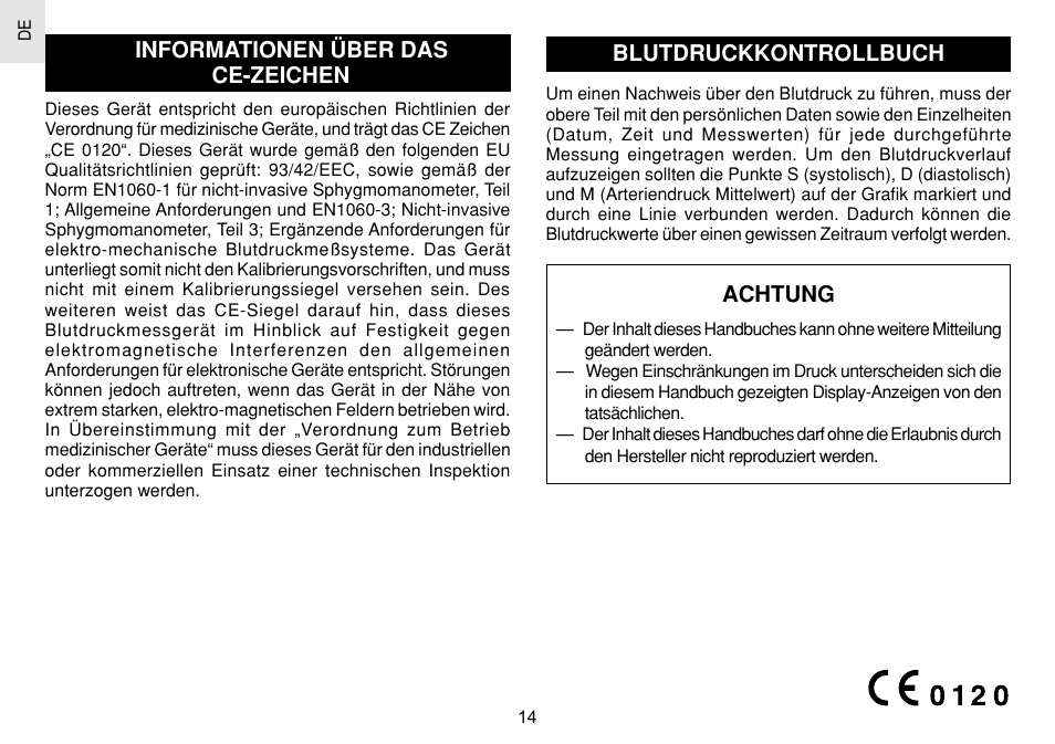 Informationen über das ce-zeichen, Blutdruckkontrollbuch, Achtung | Oregon Scientific BPW120 User Manual | Page 44 / 121