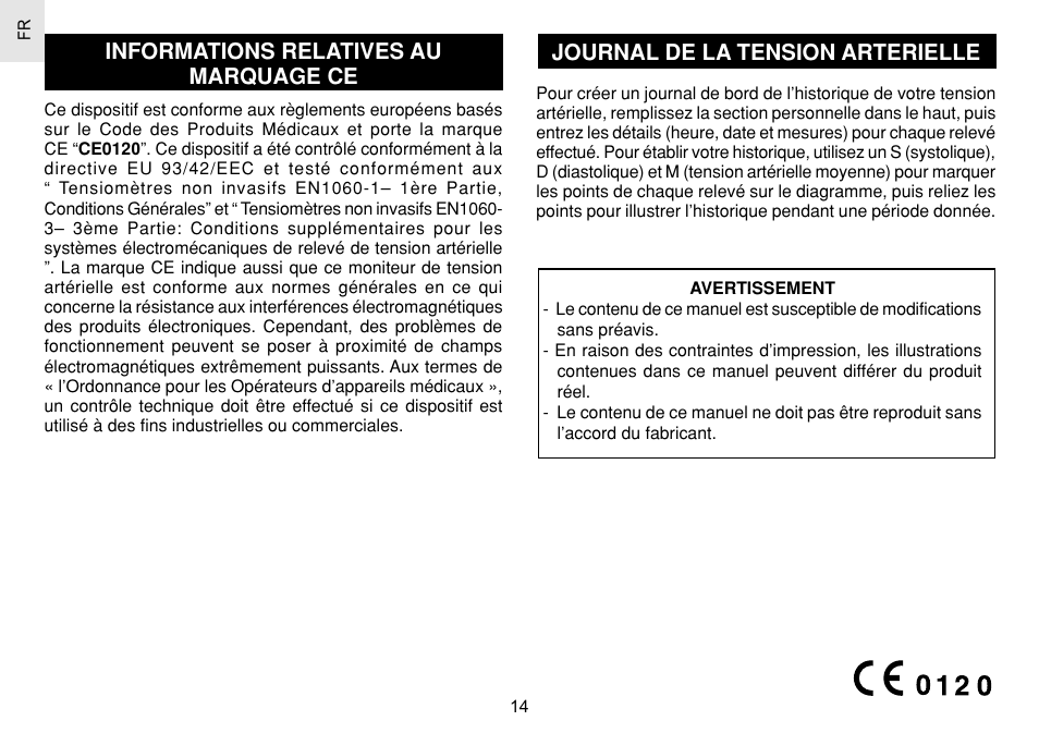 Informations relatives au marquage ce, Journal de la tension arterielle | Oregon Scientific BPW120 User Manual | Page 59 / 121