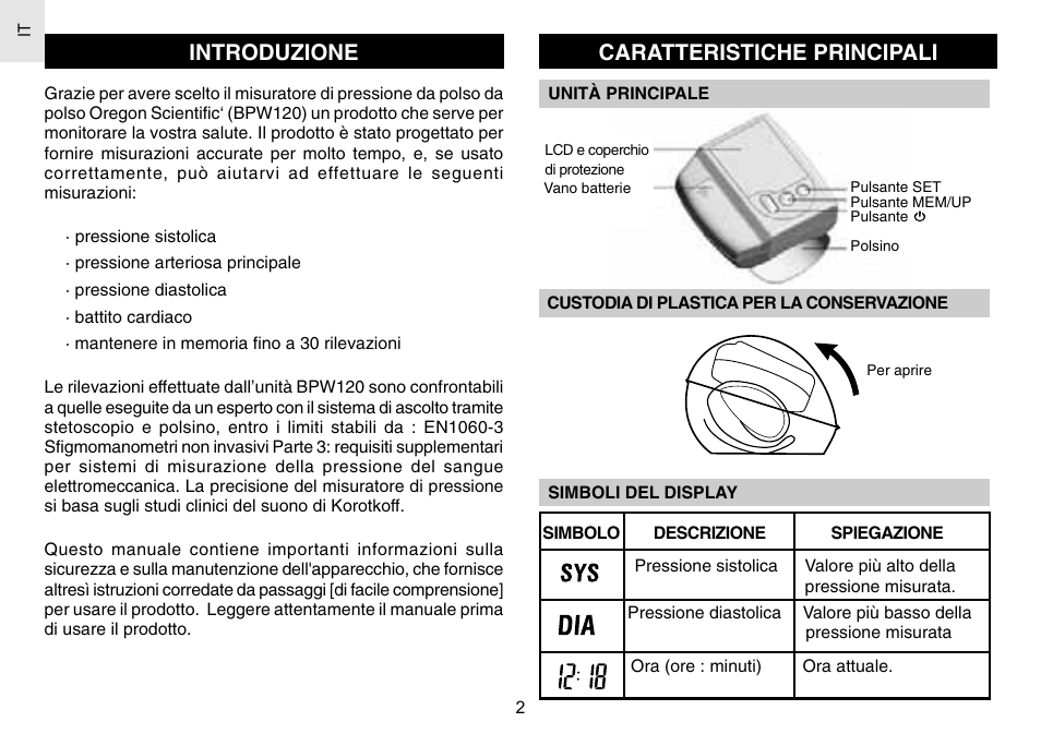 Introduzione, Caratteristiche principali | Oregon Scientific BPW120 User Manual | Page 62 / 121