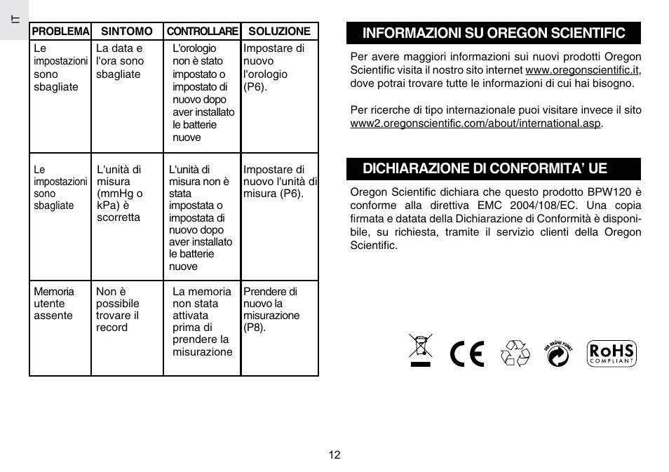 Informazioni su oregon scientific, Dichiarazione di conformitaʼ ue | Oregon Scientific BPW120 User Manual | Page 72 / 121