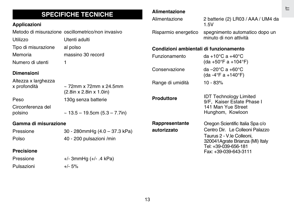 Specifiche tecniche | Oregon Scientific BPW120 User Manual | Page 73 / 121